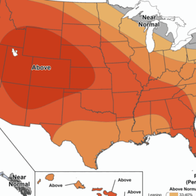 U.S. map showing temperature probability; most areas above normal, Alaska near normal.