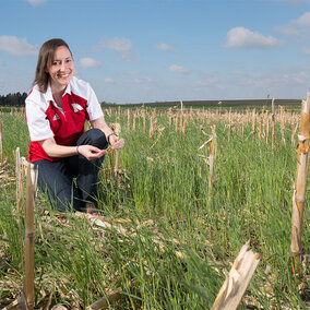 Andrea Basche in a field of cover crop planted into corn stubble