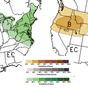 Figures 1 and 2. Comparison of the February (left) and March 15 precipitation outlooks for June-August 2018. A indicates above normal chances, N indicates normal changes, B indicates below normal chances and EC indicates equal chances for precipitation percentages provided in the key. (Source: NOAA Climate Prediction Center)