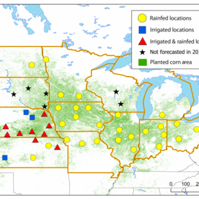 Map of sites for corn yield forecasts for 2016