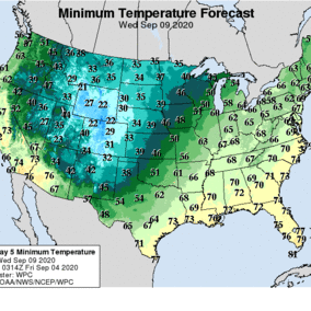 forecast low temperatures for September 9, 2020