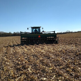 Figure 1. Drilling cereal rye into corn stubble in Dodge County, October 19, 2018.