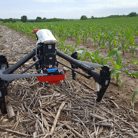 Figure 1. Data collected by the multispectral sensor on this drone will be used to direct in-season nitrogen fertilizer applications, part of a producer research project funded by the North Central Region Sustainable Agriculture Research and Education program. (Photos by Laura Thompson)