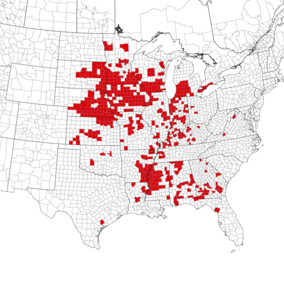 Map of the United States with red-highlighted counties in central and eastern regions.