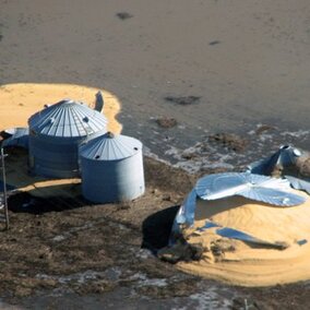 Grain bins that burst with wet grain during 2019 flooding