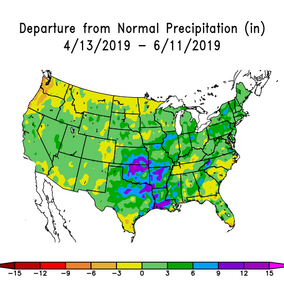 US map showing departure from normal precipitation from April 13 to June 11, 2019