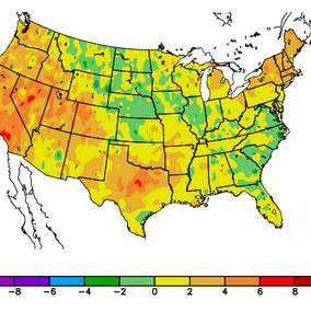 US map indicating departure from normal temperatures for July 2018.