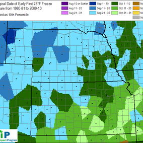Map of the Midwest showing average date ranges for first 28°F freeze. (Source: Midwest Regional Climate Center)