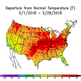 US map showing departures from normal temperatures in May