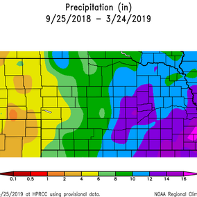 Nebraska map showing departure from normal precipitation in inches for the last 6 months (9/25/2018 through 3/24/2019, generated on 3/25/2019 at HPRCC)