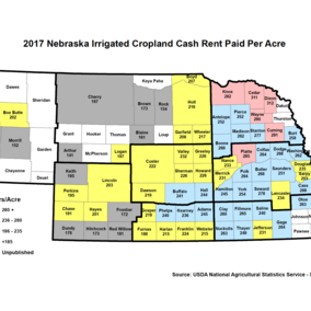 Nebraska map of irrigated cropland cash rental rates by county