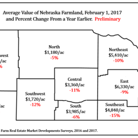 Map showing Nebraska ag land values as of Feb. 1, 2017