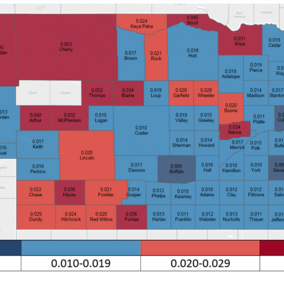 Nebraska map showing risk levels of irrigated corn production in Nebraska, based on insurance data