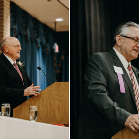 Honorees Bob Dickey (left) and Al Svajgr offer remarks at the Nebraska Hall of Agricultural Achievement banquet March 29 in the Nebraska East Union. (University Communication)