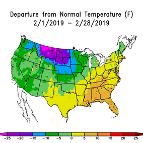 US map showing departure from normal temperatures for February 2019 