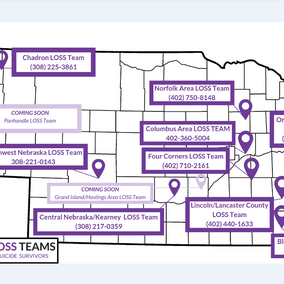 Nebraska map displaying contact information for Nebraska LOSS teams across the state.