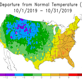 US map showing October 2019 departure from normal temperatures.