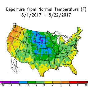 US map of temperature departures for the first three weeks of August