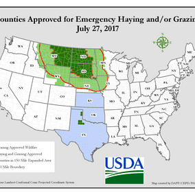 USDA map of counties approved by USDA for emergency haying or grazing