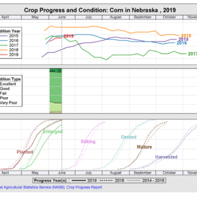 Crop progress and conditions for corn from the USDA National Agricultural Statistics Service indicating predicted timing for corn growth stages (2019).