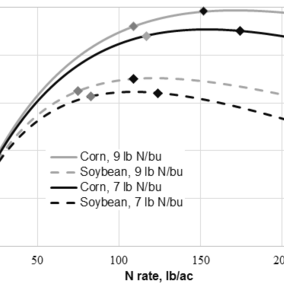 Figure showing the marginal net returns to N fertilizer application for irrigated corn following corn and corn following soybean. The analysis was done for $4/bu corn and fertilizer costs of 7 lb N and 9 lb N equal to value of one bushel of grain or of $0.57/lb N and $0.44/lb N, respectively.