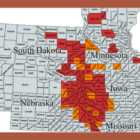 Five-state map showing counties with confirmed infestations of soybean gall midge