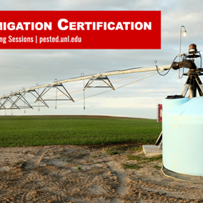 Center pivot chemigation system applying irrigation in a Nebraska field, with a fertilizer tank in the foreground and “Chemigation Certification 2026” banner above.