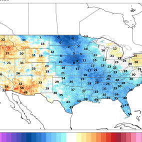 U.S. map showing forecast temperature departures: much colder than normal across the central and eastern U.S., warmer than normal in the West.