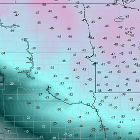 Map showing forecast apparent temperatures across Nebraska and the central U.S., with widespread wind chills from about -25°F to -45°F later this week.