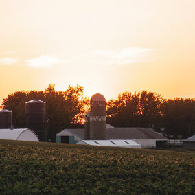 farm setting at sundown