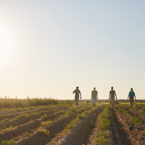 Four people walk together in field