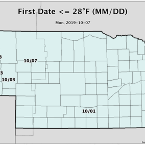 Nebraska map showing locations and dates of first hard freezes.