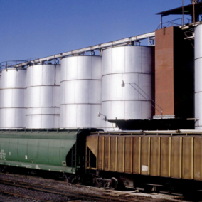 Train cars at a grain elevator