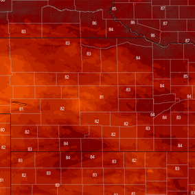 Map of Nebraska showing forecasted high temperatures for the week ahead, ranging from the upper 70s in the west to the mid-to-upper 80s in central and eastern counties, highlighting warm, dry conditions favorable for harvest progress.