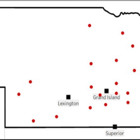 Nebraska map showing ethanol facilities and reported basis locations