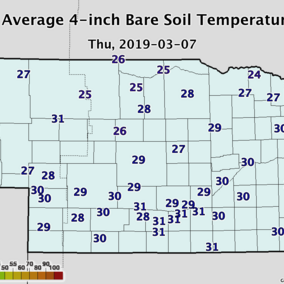 Nebraska map showing soil temperatures on March 7, 2019