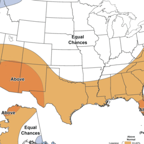 U.S. climate outlook map showing above-normal temperature probabilities across the southern and eastern states, with equal chances for most of the central Plains including Nebraska.