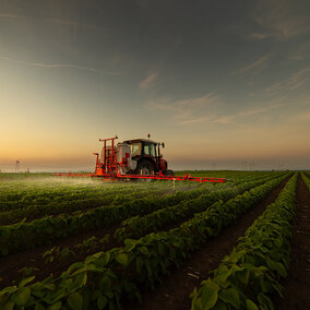Farmer applies pesticide to soybean crop near dusk during spring
