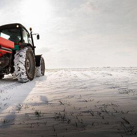 Tractor with a red spreader drives across a snow-covered field, with tire tracks visible and sparse green plants poking through the snow.