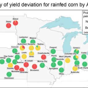 Map of the Corn Belt showing sites with above-, near-, and below-normal forecasted corn yields for 2018.