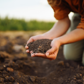 Woman holding soil on farm ground