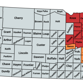 Counties documented as infested in 2018 (red) and 2019 (orange).