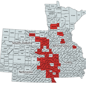 Map showing distribution of soybean gall midge