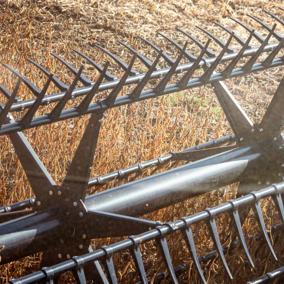 Closeup of combine harvesting soybean