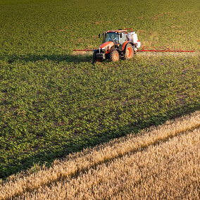 Tractor with boom sprayer applying pesticide across a green crop field beside a mature wheat field.