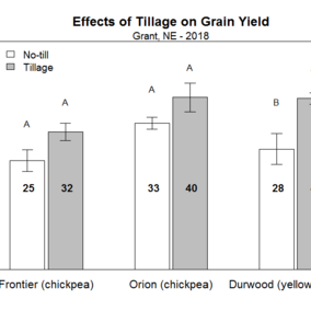 Graph showing tillage effects on yield of chickpea and field pea at Grant, Nebraska in 2018 study.