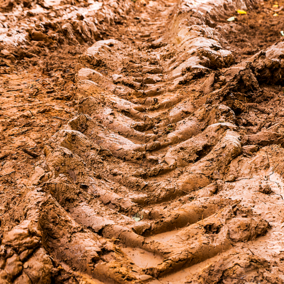 Tire tracks in muddy clay soil