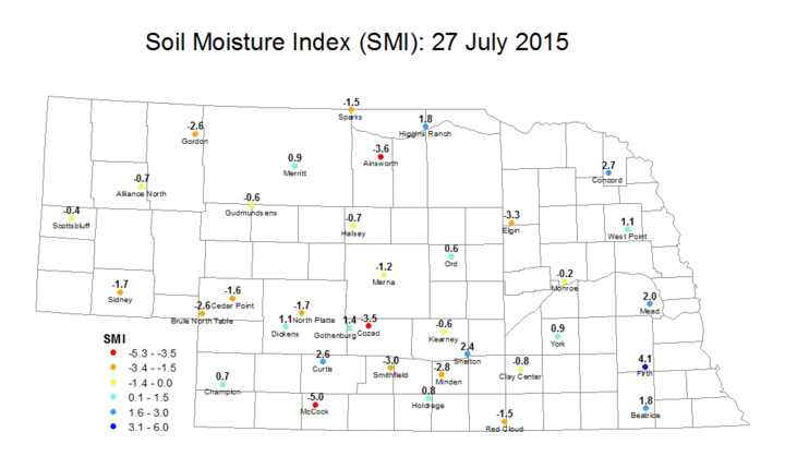 Map of Soil Moisture Index levels in Nebraska