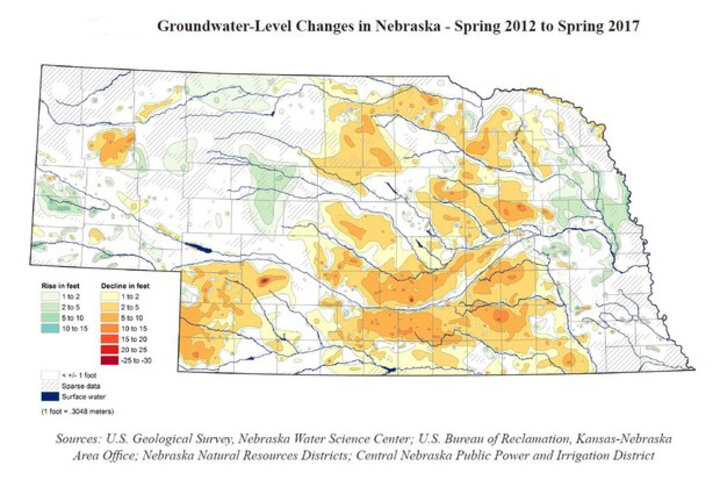 Nebraska map of groundwater-level changes in Nebraska from spring 2012 to spring 2017.