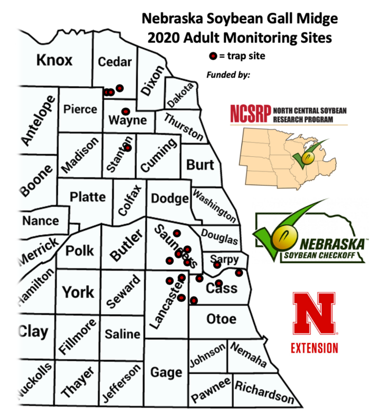 Map of Soybean gall bidge monitoring sites